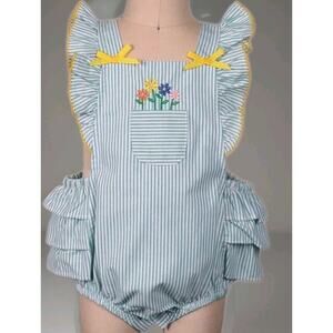 Goodlad Baby Girls Seersucker Flowers Embroidered Romper Sunsuit Green Size 9mos